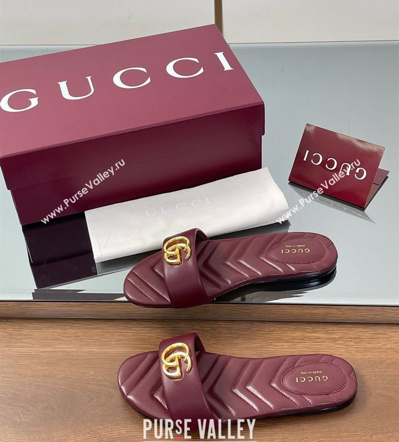 Gucci Leather Flat Slides Sandal with Double G Dark Burgundy 2025 832449 (SS-250712020)