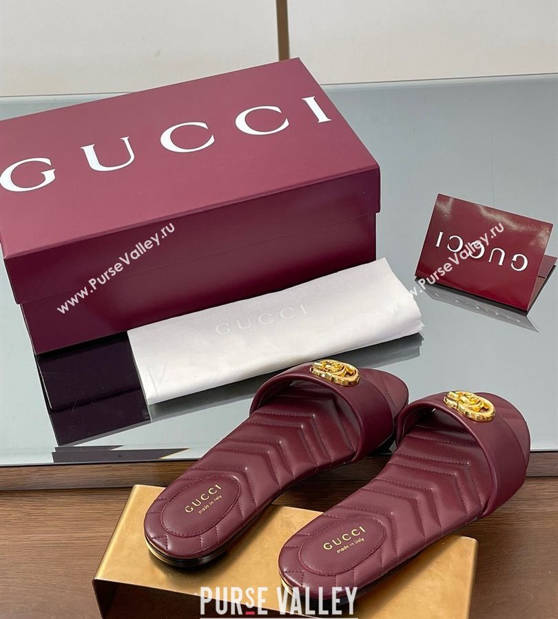 Gucci Leather Flat Slides Sandal with Double G Dark Burgundy 2025 832449 (SS-250712020)
