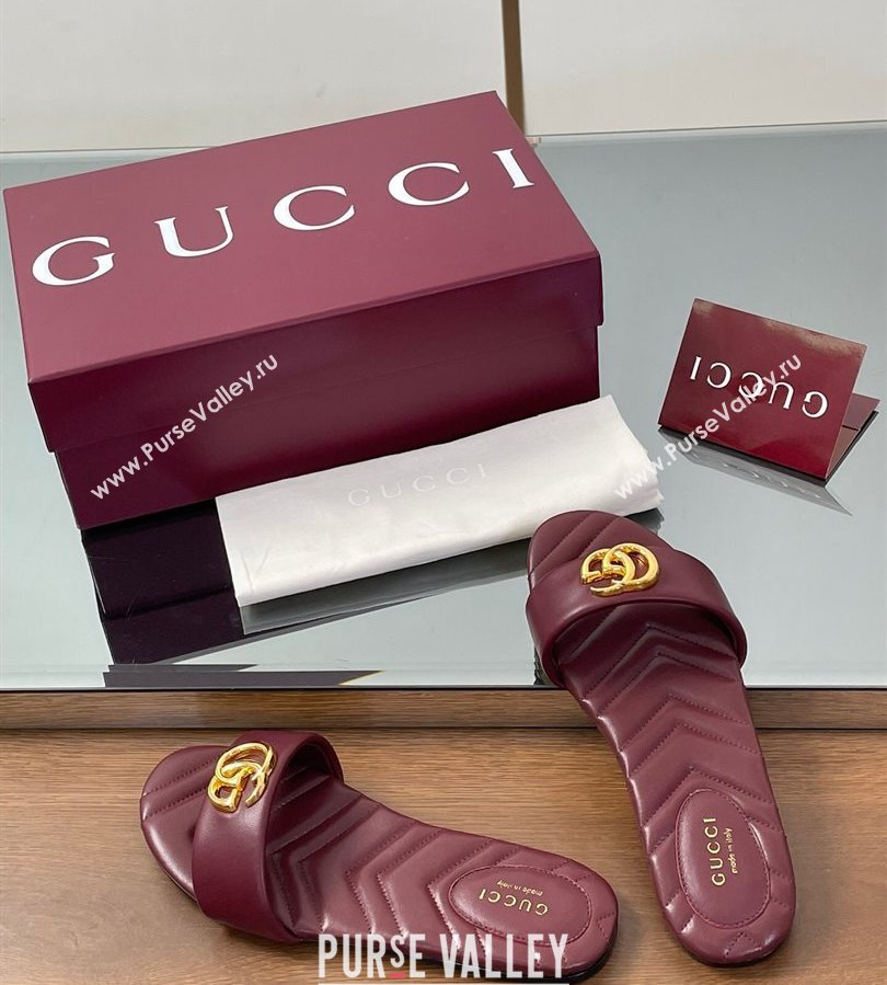 Gucci Leather Flat Slides Sandal with Double G Dark Burgundy 2025 832449 (SS-250712020)