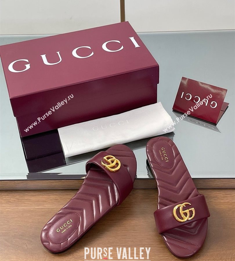 Gucci Leather Flat Slides Sandal with Double G Dark Burgundy 2025 832449 (SS-250712020)