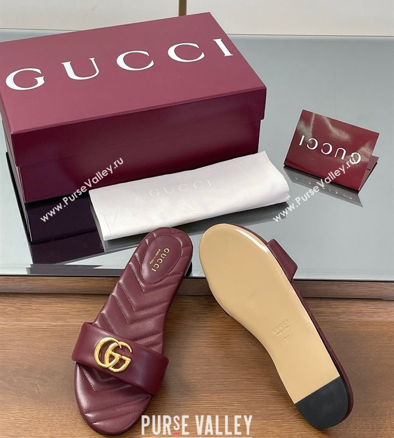 Gucci Leather Flat Slides Sandal with Double G Dark Burgundy 2025 832449 (SS-250712020)