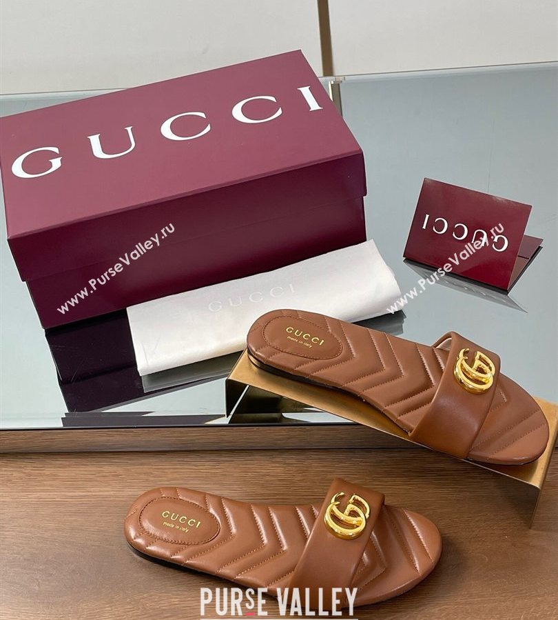 Gucci Leather Flat Slides Sandal with Double G Brown 2025 832449 (SS-250712021)