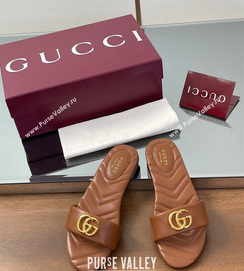 Gucci Leather Flat Slides Sandal with Double G Brown 2025 832449 (SS-250712021)
