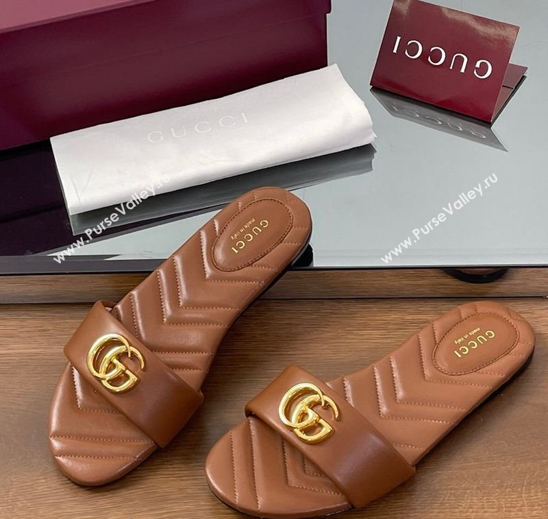 Gucci Leather Flat Slides Sandal with Double G Brown 2025 832449 (SS-250712021)