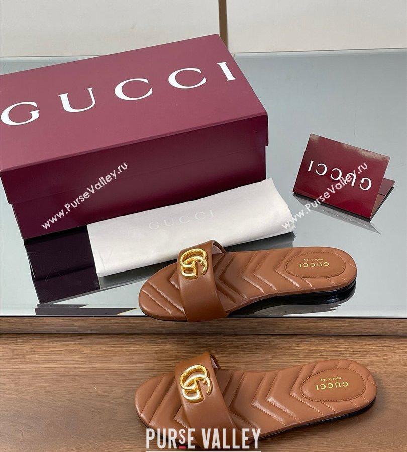Gucci Leather Flat Slides Sandal with Double G Brown 2025 832449 (SS-250712021)