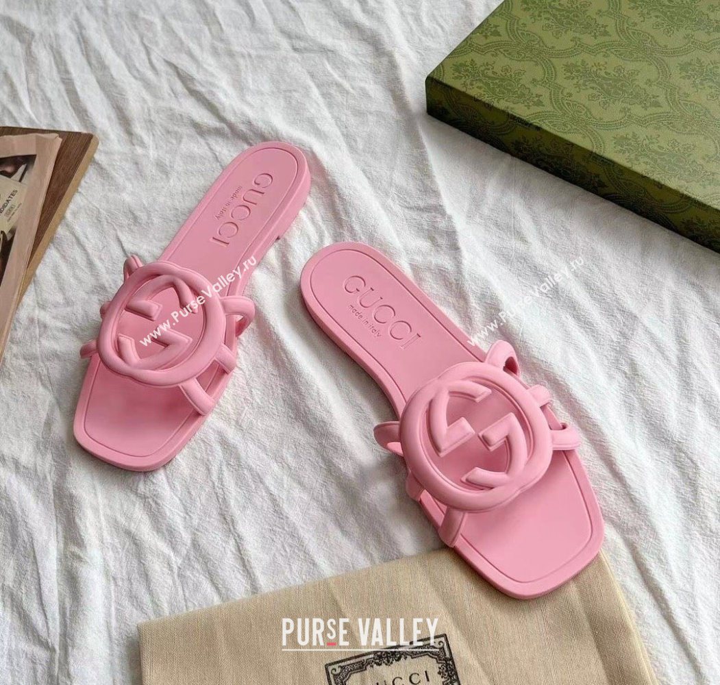 Gucci Interlocking G Flat Slides Sandal in Matte PVC Light Pink 2025 780307 (GDX-250711119)