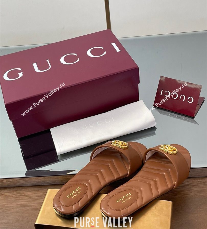 Gucci Leather Flat Slides Sandal with Double G Brown 2025 832449 (SS-250712021)