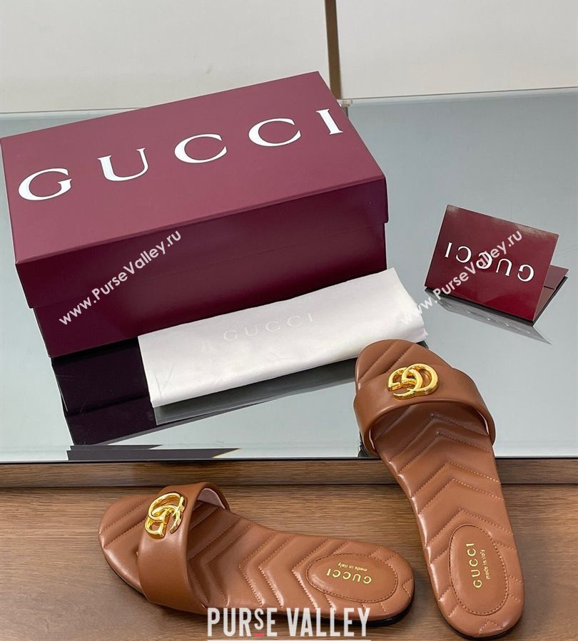 Gucci Leather Flat Slides Sandal with Double G Brown 2025 832449 (SS-250712021)