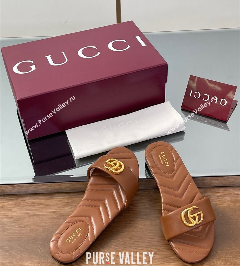 Gucci Leather Flat Slides Sandal with Double G Brown 2025 832449 (SS-250712021)