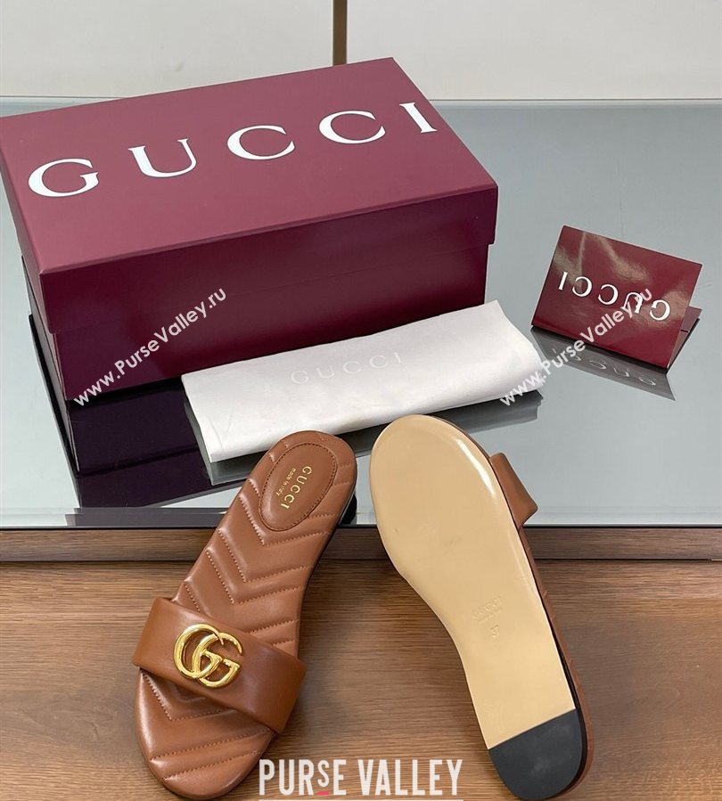 Gucci Leather Flat Slides Sandal with Double G Brown 2025 832449 (SS-250712021)