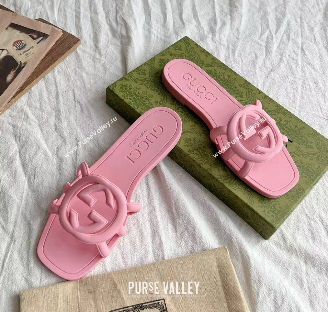 Gucci Interlocking G Flat Slides Sandal in Matte PVC Light Pink 2025 780307 (GDX-250711119)