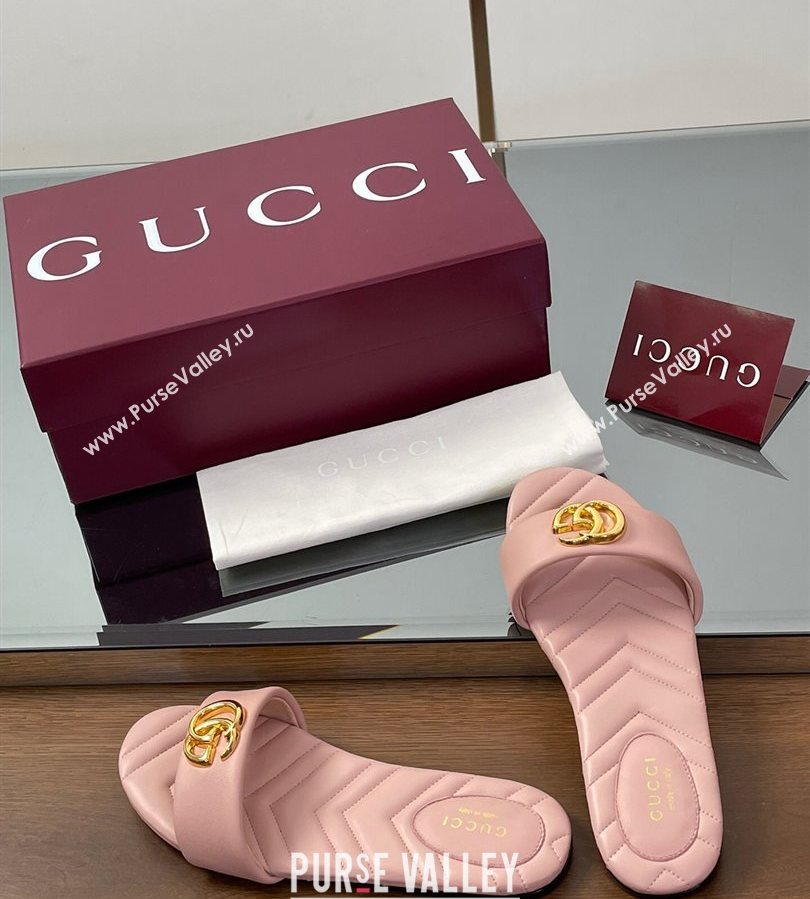 Gucci Leather Flat Slides Sandal with Double G Light Pink 2025 832449 (SS-250712022)