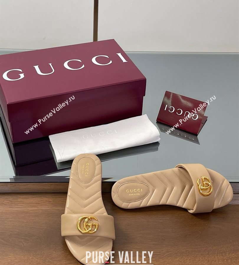 Gucci Leather Flat Slides Sandal with Double G Beige 2025 832449 (SS-250712023)