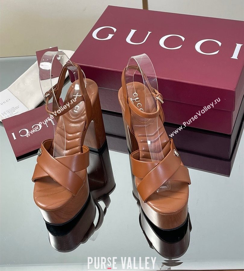 Gucci Platform Sandals 13cm with Wood-Like Outsole in Lambskin Leather Brown 2025 835313 (SS-250711143)