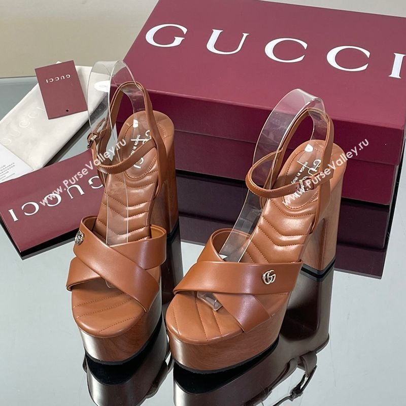 Gucci Platform Sandals 13cm with Wood-Like Outsole in Lambskin Leather Brown 2025 835313 (SS-250711143)