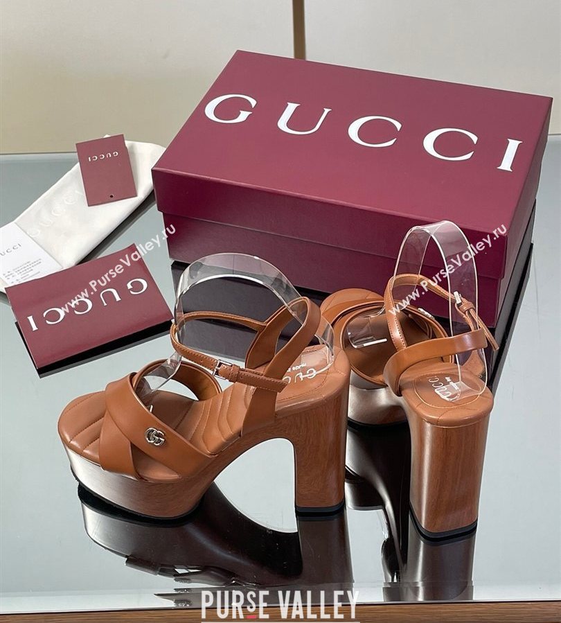 Gucci Platform Sandals 13cm with Wood-Like Outsole in Lambskin Leather Brown 2025 835313 (SS-250711143)