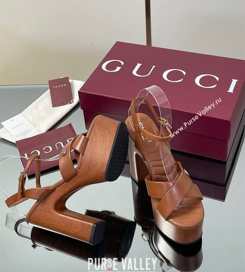 Gucci Platform Sandals 13cm with Wood-Like Outsole in Lambskin Leather Brown 2025 835313 (SS-250711143)