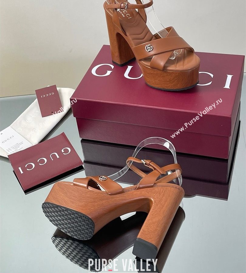 Gucci Platform Sandals 13cm with Wood-Like Outsole in Lambskin Leather Brown 2025 835313 (SS-250711143)