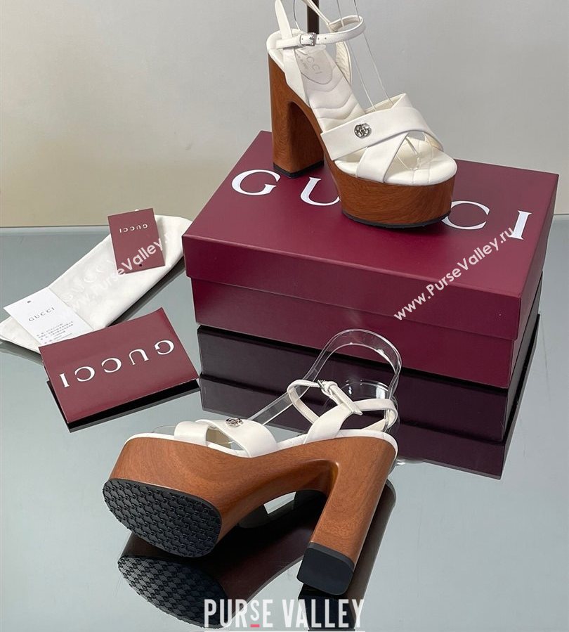 Gucci Platform Sandals 13cm with Wood-Like Outsole in Lambskin Leather White 2025 835313 (SS-250711144)