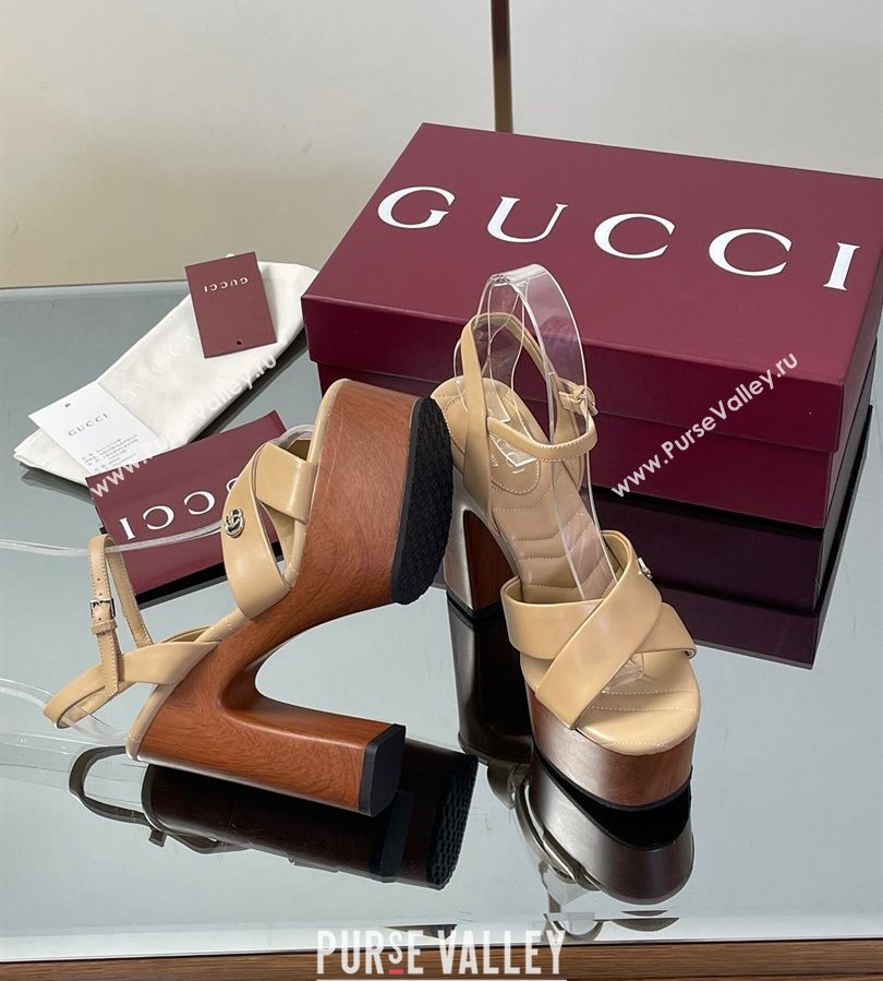 Gucci Platform Sandals 13cm with Wood-Like Outsole in Lambskin Leather Apricot 2025 835313 (SS-250711146)