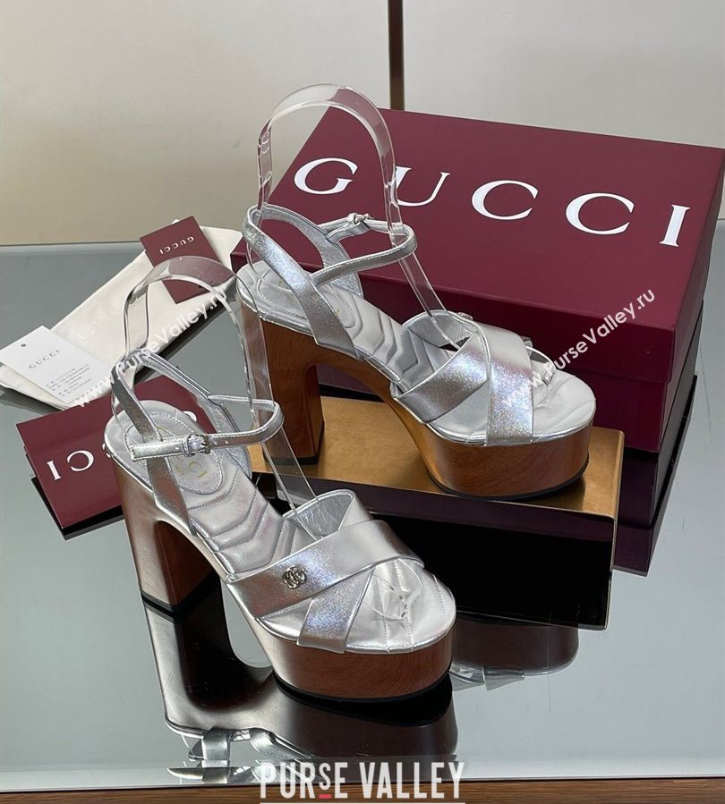Gucci Platform Sandals 13cm with Wood-Like Outsole in Metallic Leather Silver 2025 835313 (SS-250711147)