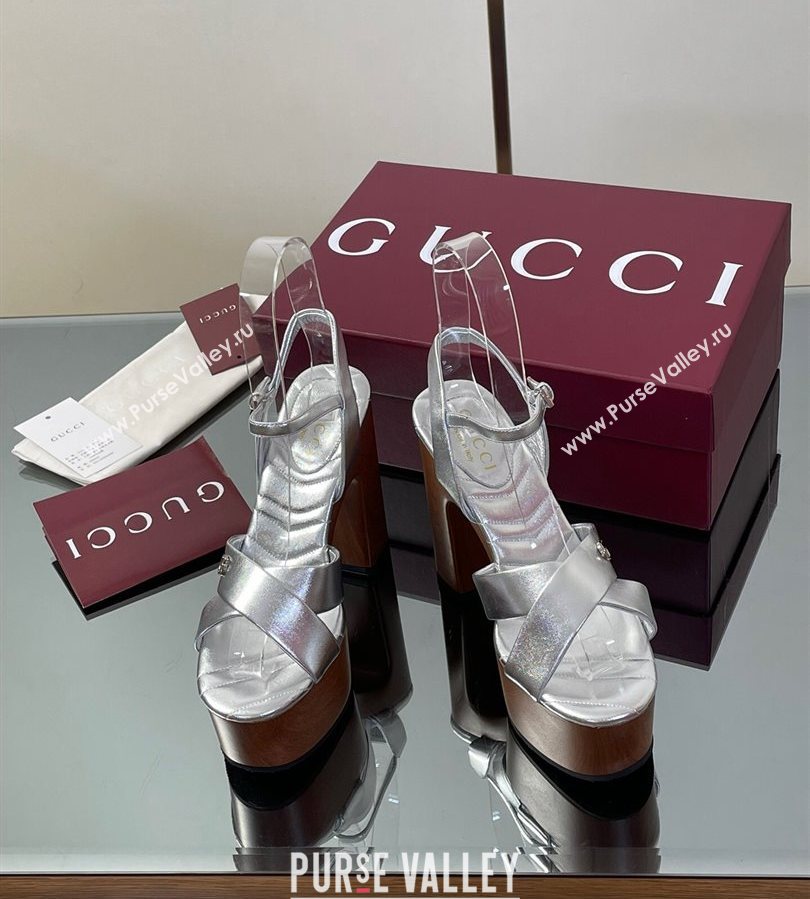 Gucci Platform Sandals 13cm with Wood-Like Outsole in Metallic Leather Silver 2025 835313 (SS-250711147)