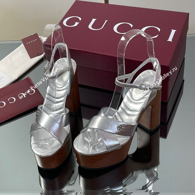 Gucci Platform Sandals 13cm with Wood-Like Outsole in Metallic Leather Silver 2025 835313 (SS-250711147)