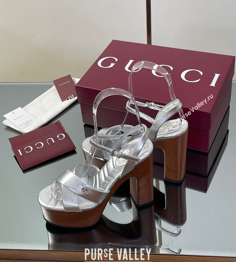 Gucci Platform Sandals 13cm with Wood-Like Outsole in Metallic Leather Silver 2025 835313 (SS-250711147)