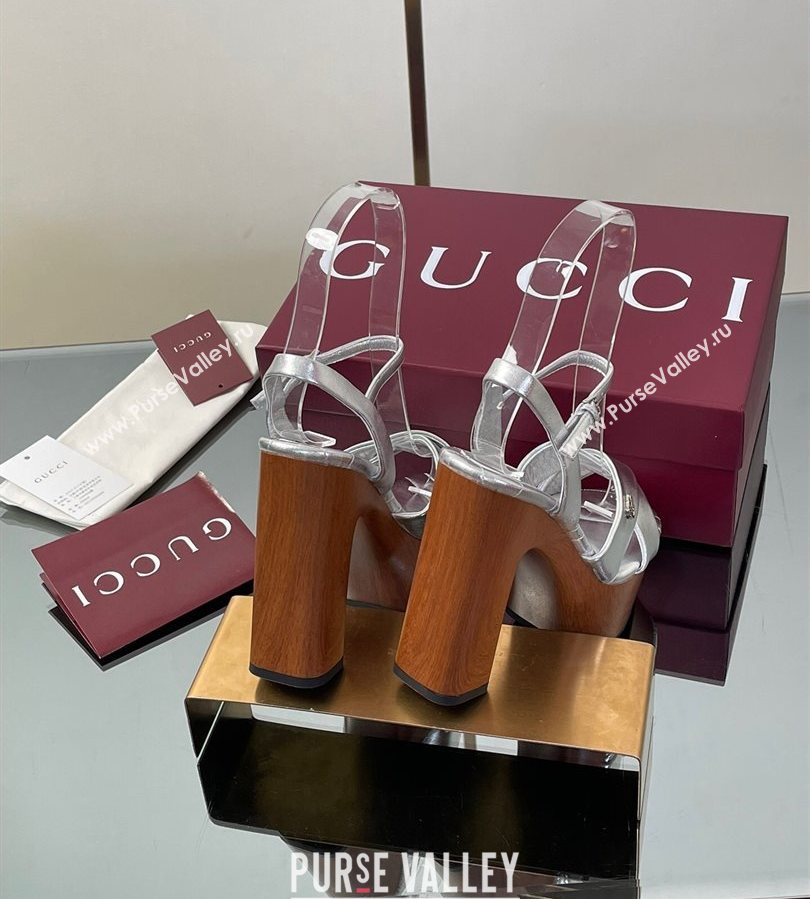 Gucci Platform Sandals 13cm with Wood-Like Outsole in Metallic Leather Silver 2025 835313 (SS-250711147)