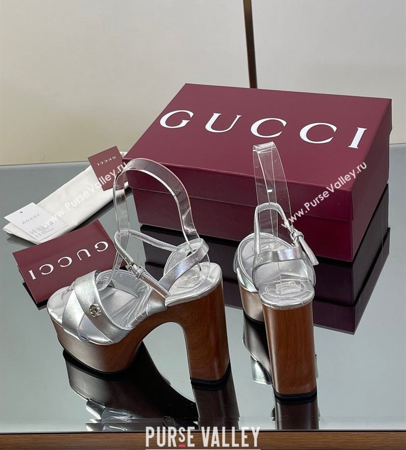 Gucci Platform Sandals 13cm with Wood-Like Outsole in Metallic Leather Silver 2025 835313 (SS-250711147)