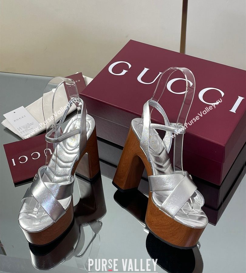 Gucci Platform Sandals 13cm with Wood-Like Outsole in Metallic Leather Silver 2025 835313 (SS-250711147)