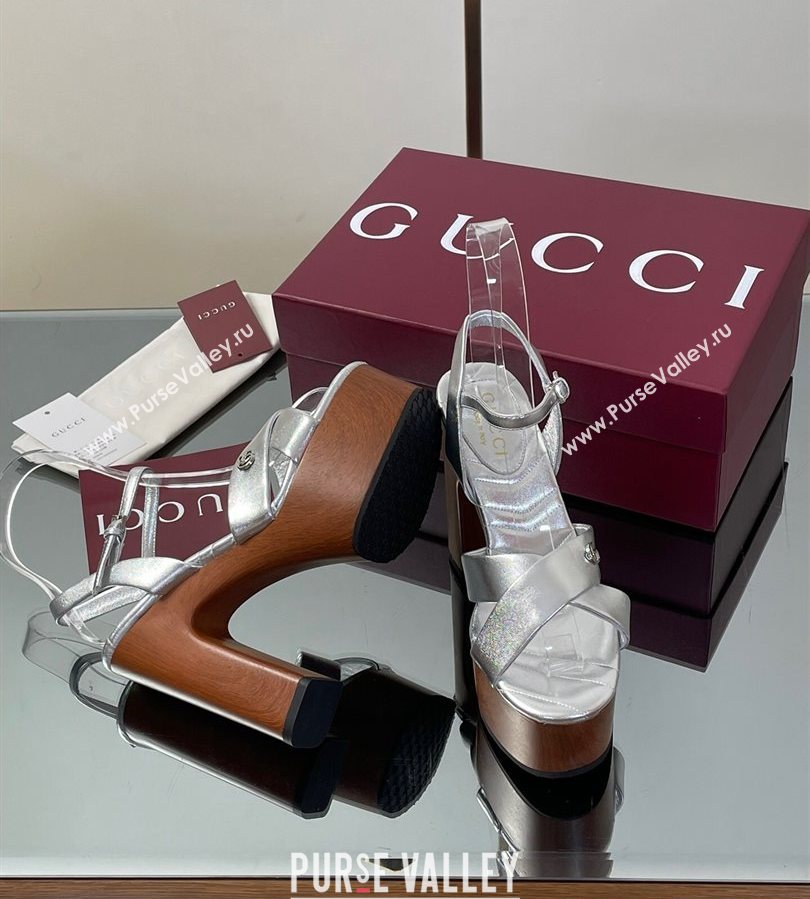 Gucci Platform Sandals 13cm with Wood-Like Outsole in Metallic Leather Silver 2025 835313 (SS-250711147)
