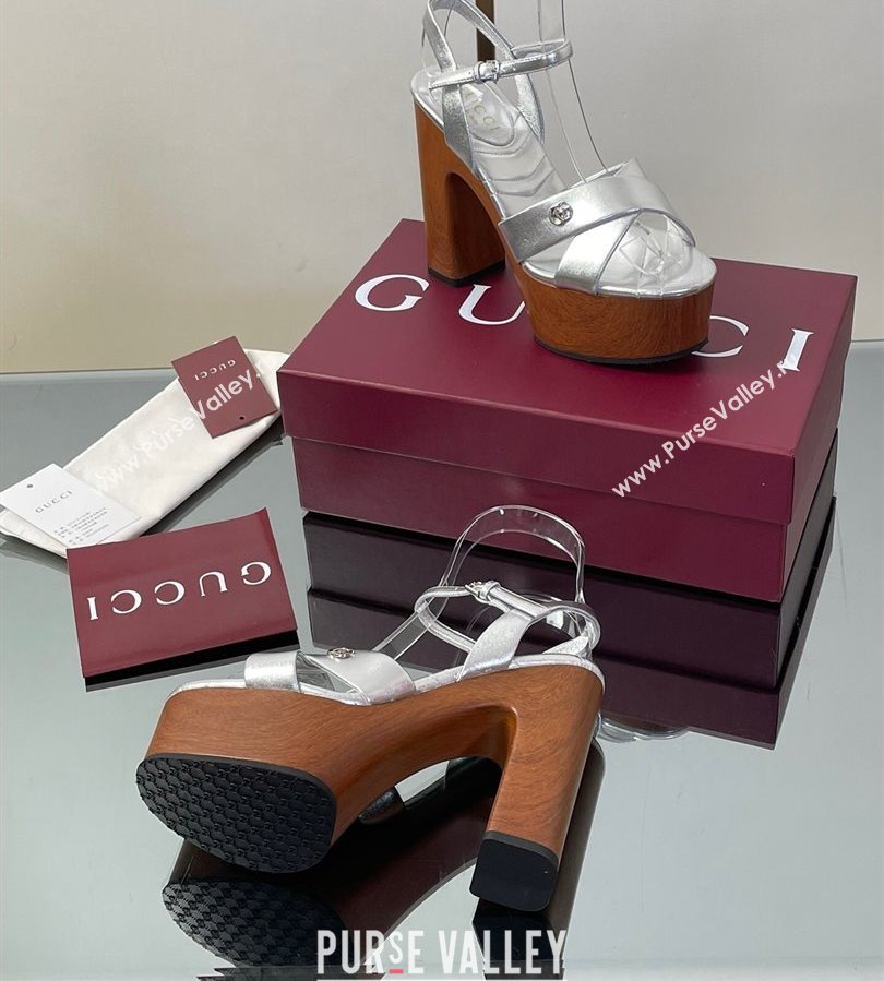 Gucci Platform Sandals 13cm with Wood-Like Outsole in Metallic Leather Silver 2025 835313 (SS-250711147)