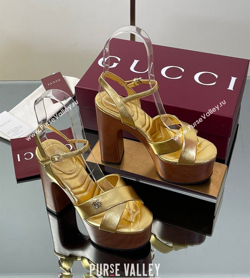 Gucci Platform Sandals 13cm with Wood-Like Outsole in Metallic Leather Gold 2025 835313 (SS-250711148)