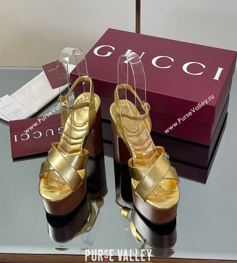Gucci Platform Sandals 13cm with Wood-Like Outsole in Metallic Leather Gold 2025 835313 (SS-250711148)