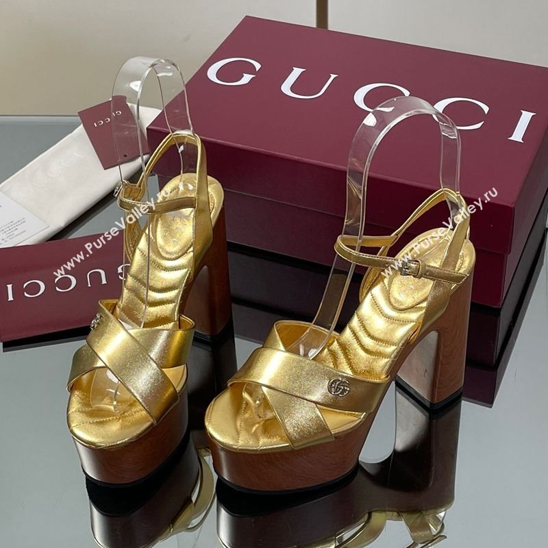 Gucci Platform Sandals 13cm with Wood-Like Outsole in Metallic Leather Gold 2025 835313 (SS-250711148)