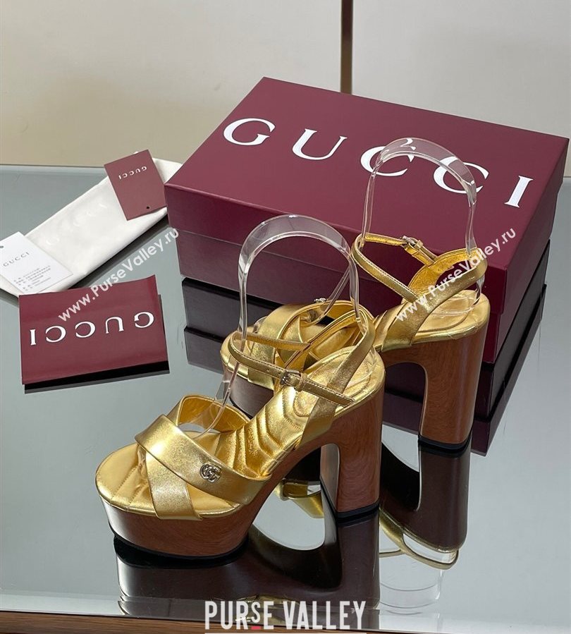 Gucci Platform Sandals 13cm with Wood-Like Outsole in Metallic Leather Gold 2025 835313 (SS-250711148)