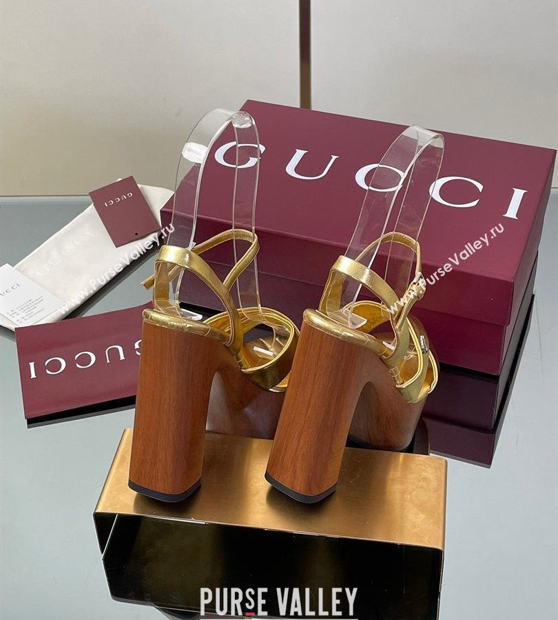 Gucci Platform Sandals 13cm with Wood-Like Outsole in Metallic Leather Gold 2025 835313 (SS-250711148)