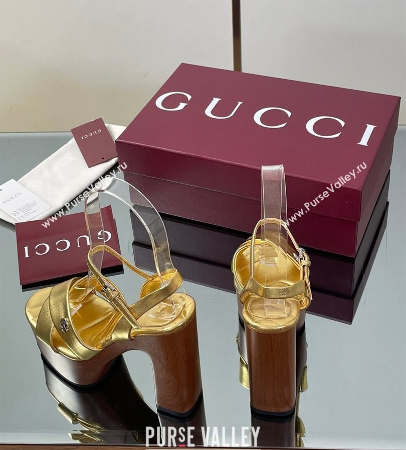 Gucci Platform Sandals 13cm with Wood-Like Outsole in Metallic Leather Gold 2025 835313 (SS-250711148)