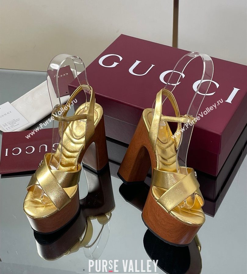 Gucci Platform Sandals 13cm with Wood-Like Outsole in Metallic Leather Gold 2025 835313 (SS-250711148)