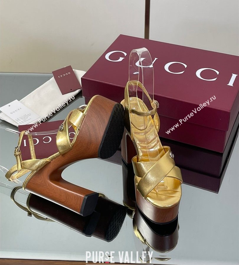 Gucci Platform Sandals 13cm with Wood-Like Outsole in Metallic Leather Gold 2025 835313 (SS-250711148)