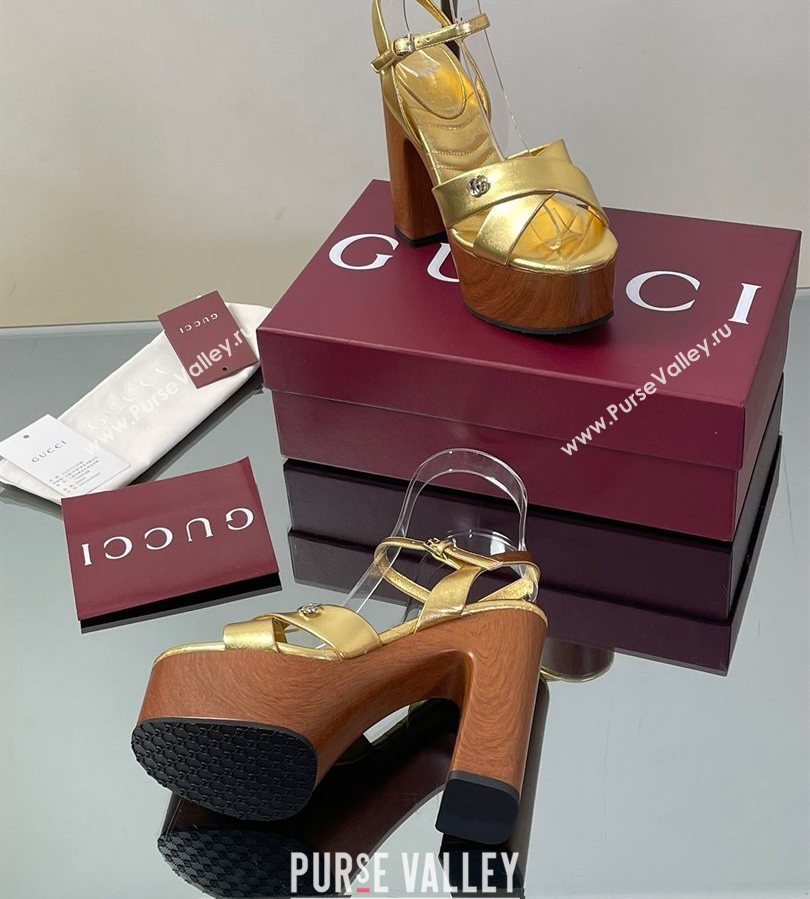 Gucci Platform Sandals 13cm with Wood-Like Outsole in Metallic Leather Gold 2025 835313 (SS-250711148)