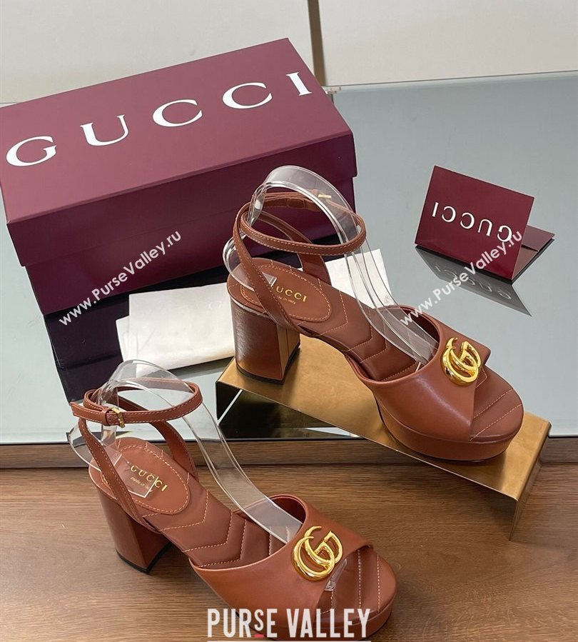 Gucci Leather Platform Sandals 8.5cm with Double G Brown 2025 832450 (SS-250711150)