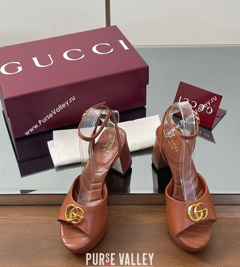 Gucci Leather Platform Sandals 8.5cm with Double G Brown 2025 832450 (SS-250711150)