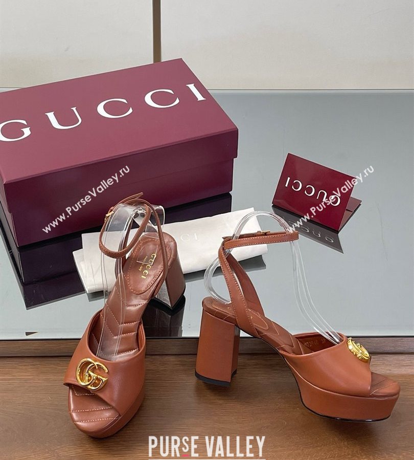 Gucci Leather Platform Sandals 8.5cm with Double G Brown 2025 832450 (SS-250711150)