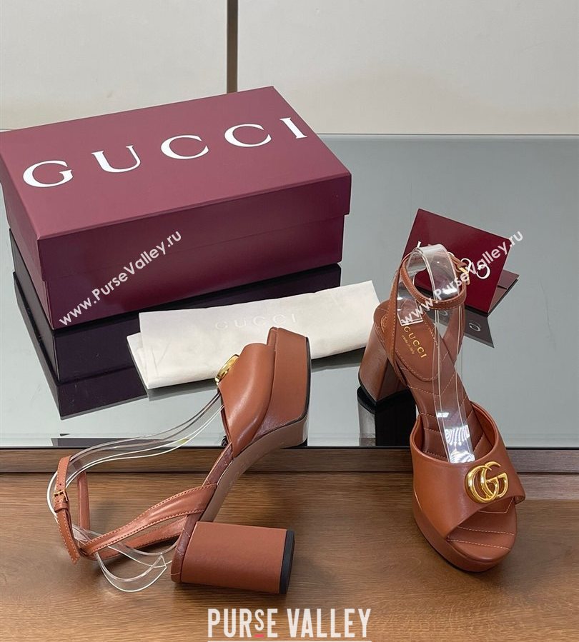 Gucci Leather Platform Sandals 8.5cm with Double G Brown 2025 832450 (SS-250711150)