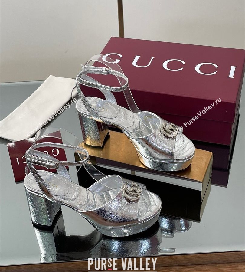 Gucci Leather Platform Sandals 8.5cm with Double G Silver 2025 832450 (SS-250711152)