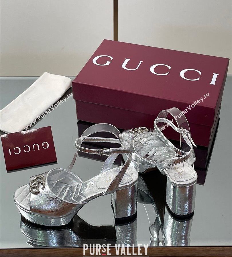 Gucci Leather Platform Sandals 8.5cm with Double G Silver 2025 832450 (SS-250711152)