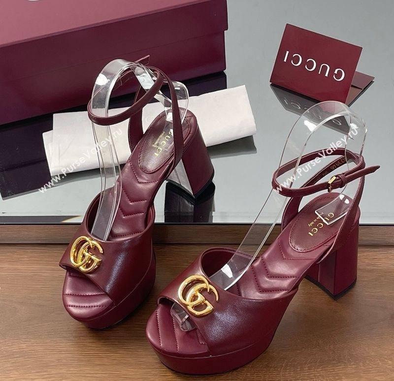 Gucci Leather Platform Sandals 8.5cm with Double G Burgundy 2025 832450 (SS-250711154)