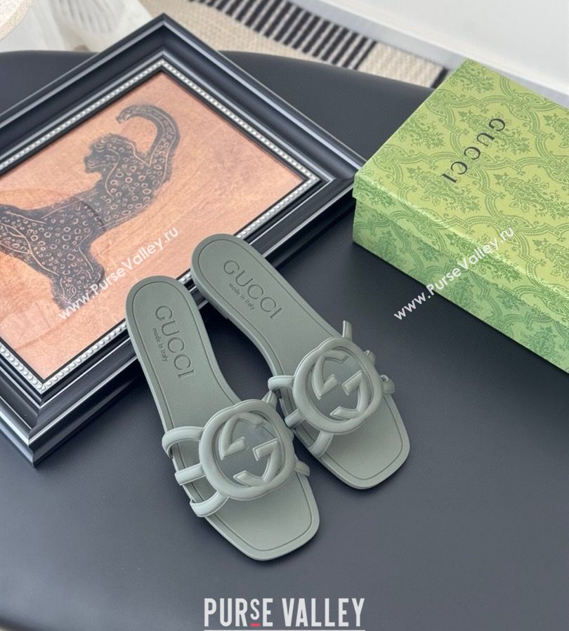 Gucci Interlocking G Flat Slides Sandal in Matte PVC Grey 2025 780307 (GDX-250711121)
